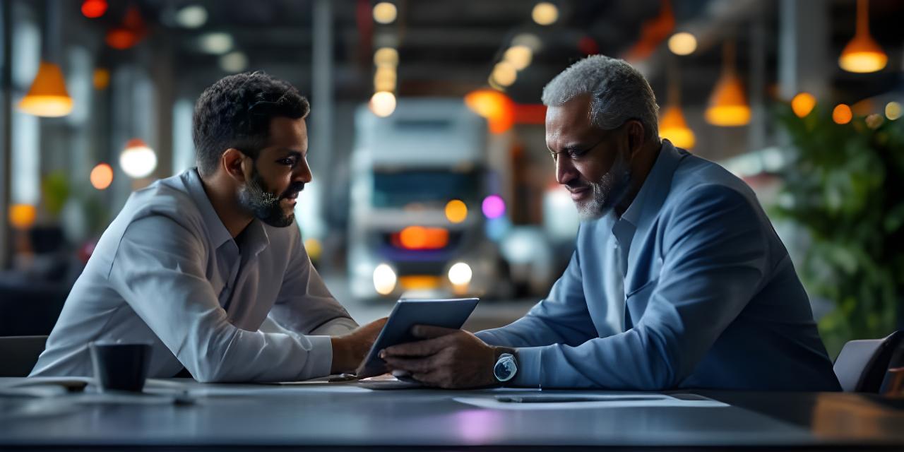 Transportondernemer en adviseur aan tafel in een lichte kantoorruimte met vrachtwagenvloot op een tablet