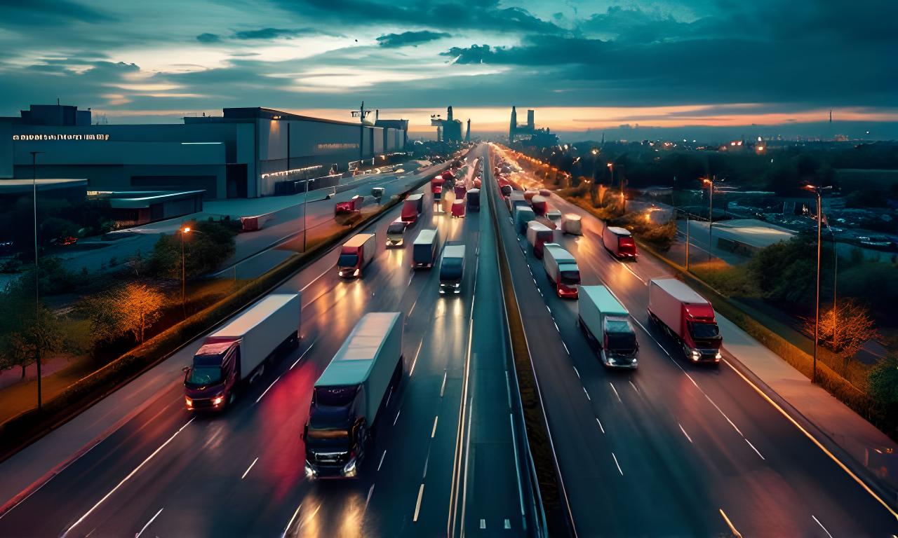 Logistiek knooppunt bij Tilburg met vrachtwagens, distributiehallen en avondlicht langs de A58