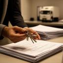 Startende vervoerder met documenten en sleutels van een vrachtwagen in een klein kantoor in Tilburg