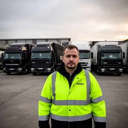 Ondernemer in reflecterend vest kijkt naar een kleine vloot trucks op een bedrijventerrein in Tilburg